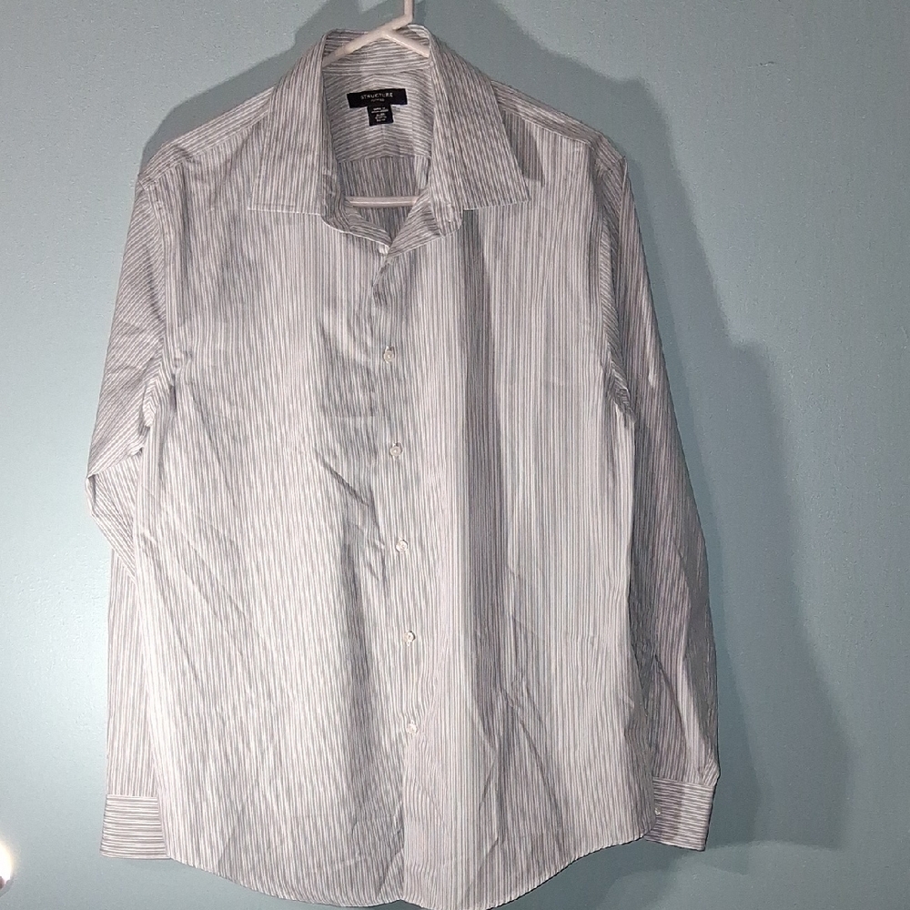Structure Men's White/Steel Blue Striped Dress Shirt Size XL Neck 17-17.5 32-33